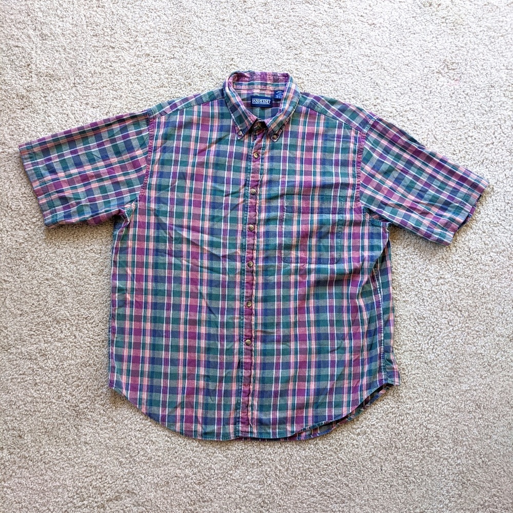Lands' End Button Up Shirt Men's XL Green Purple Plaid